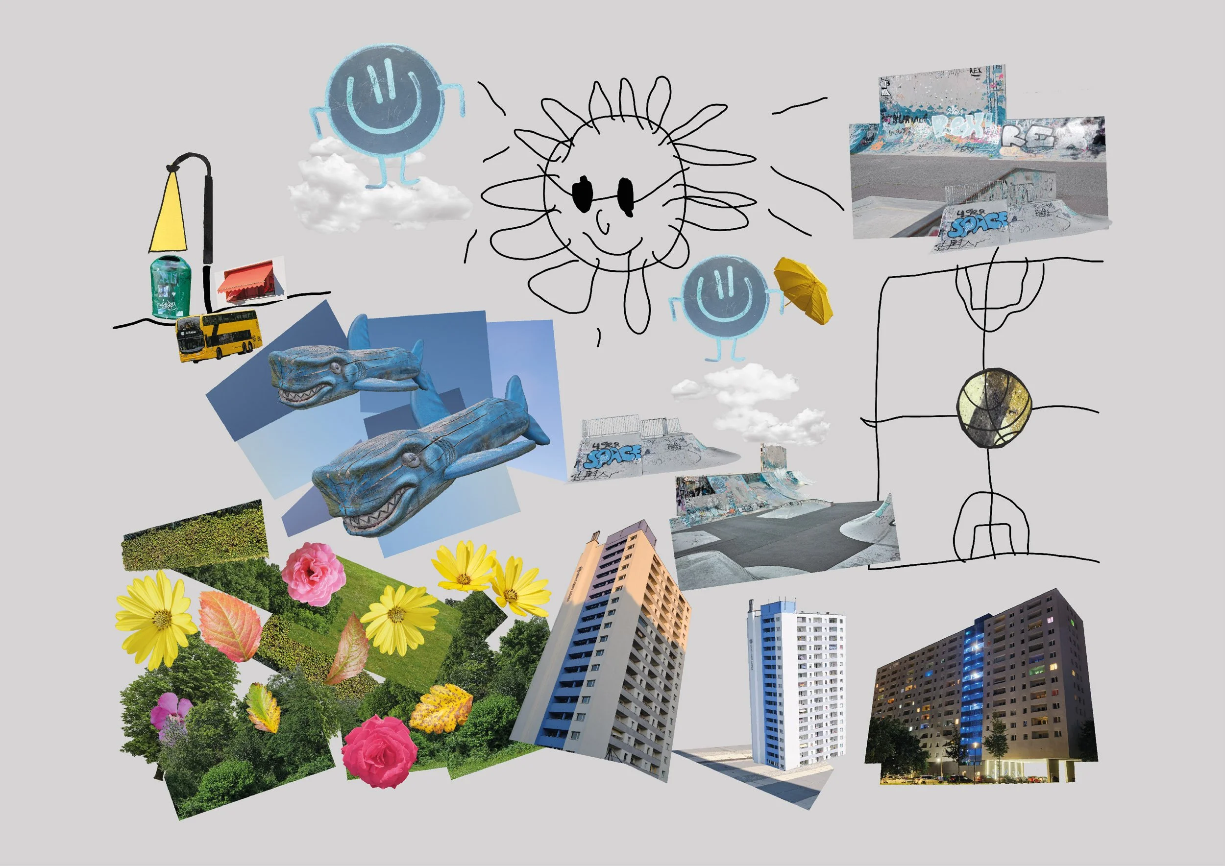 In  Theas (8)  Collage gibt es einen See, in dem man nach zwei Haien angeln kann, einen Naturpark, den man nicht zerstören darf, eine Bushaltestelle, einen Mülleimer, damit alles sauber bleibt, und sogar eine Bar. Es ist ein Ort voller Bewegung und D