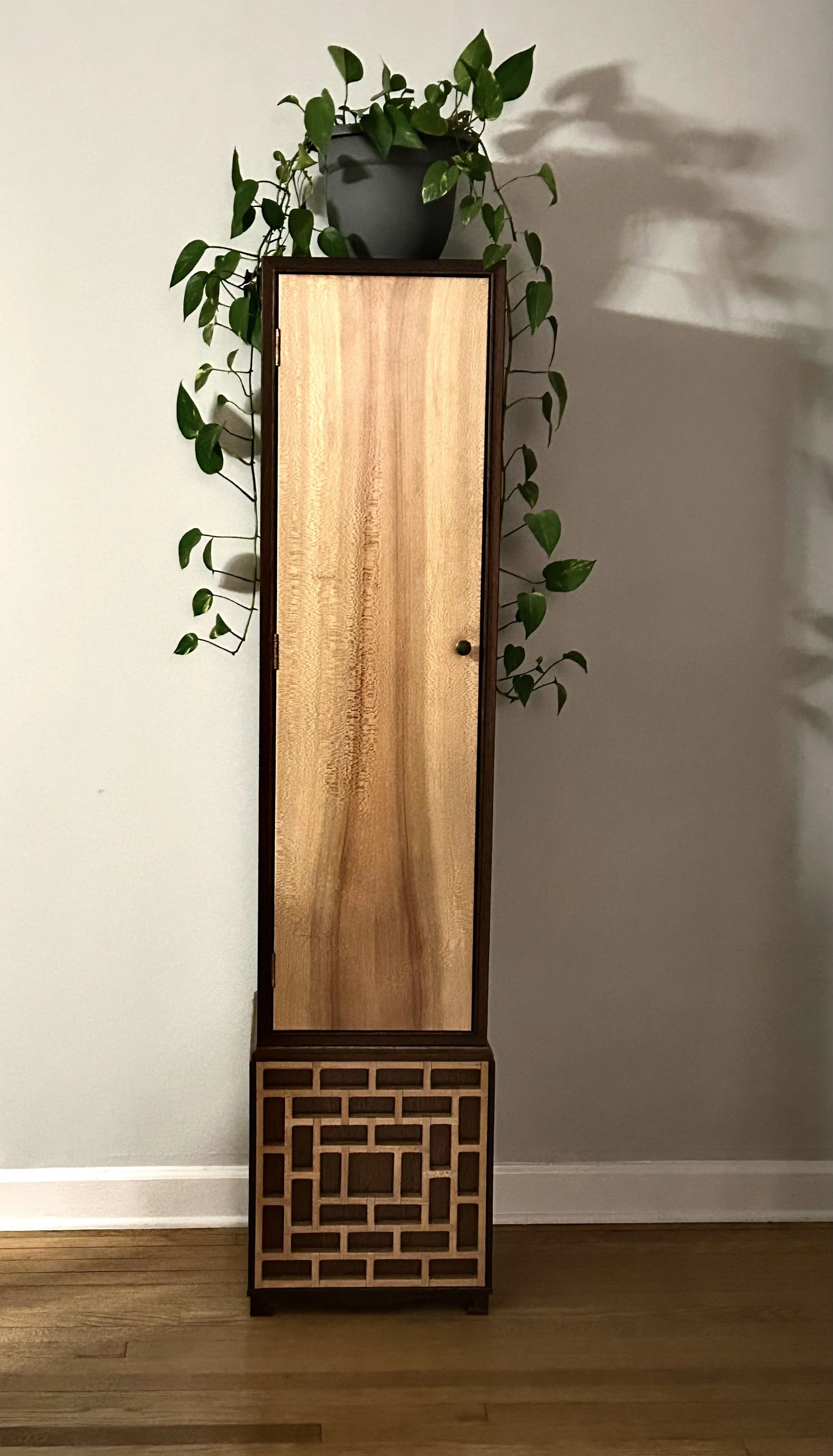 Tall wooden cabinet with lattice design at the bottom, topped with a potted plant with green leaves, against a plain white wall.