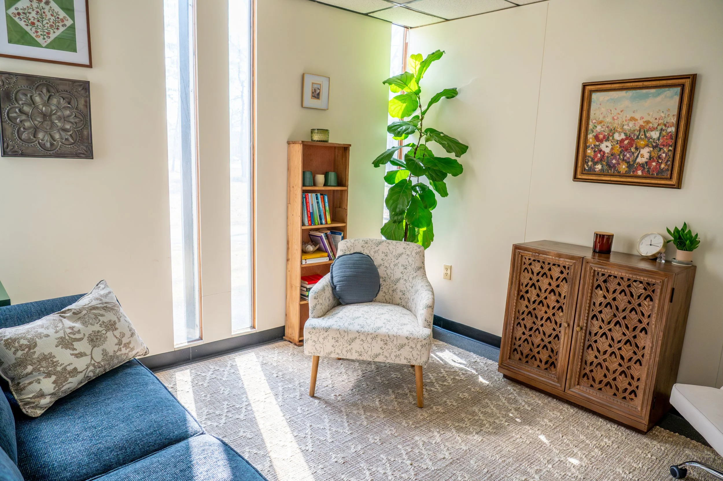 A cozy living room corner with a dark blue sofa, patterned pillows, a white armchair with a dark pillow, a wooden bookshelf with books, a tall green plant, and framed artwork on the walls, sunlight streaming through windows.