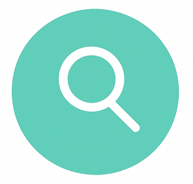 Turquoise circle with a white magnifying glass icon in the center
