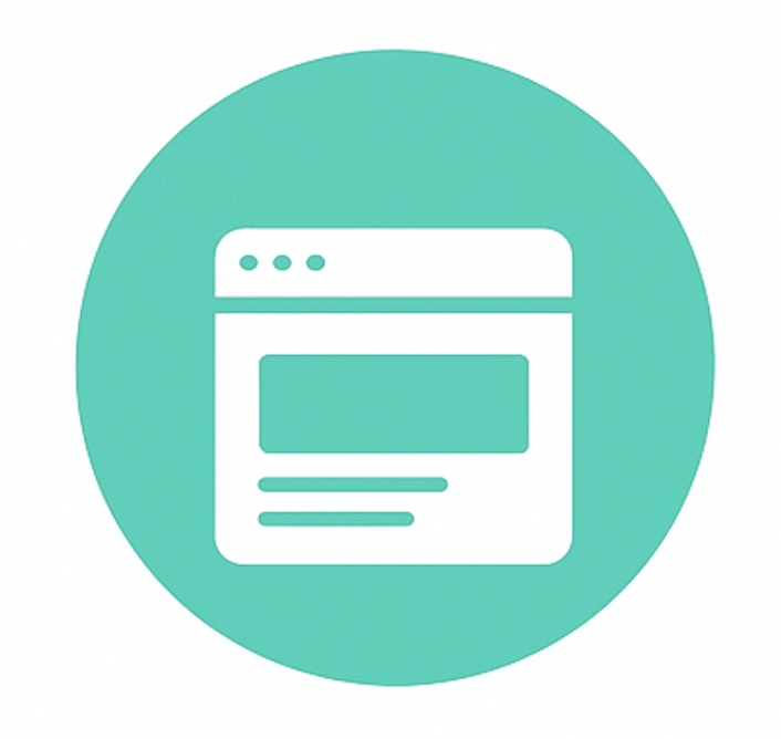 Icon of a web browser window with a header and lines representing text, on a teal circular background.
