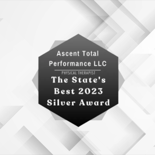 An award badge from Ascent Total Performance LLC recognizing The State's Best 2023 Silver Award for a physical therapist.