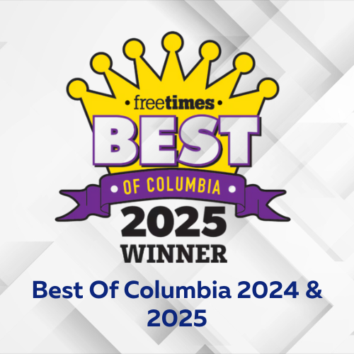 Award badge for 'Best of Columbia 2024 & 2025,' featuring a yellow crown, purple ribbon, and bold text.