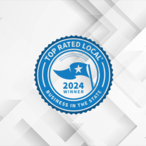 A circular blue badge with a star and flag graphic, reading "Top Rated Local 2024 Winner," for business recognition in the state.