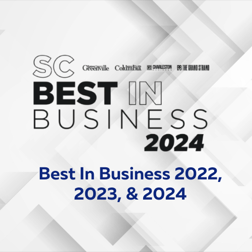 Graphic design featuring text and logos recognizing South Carolina's best businesses in 2024, with a subtitle indicating awards for 2022, 2023, and 2024.