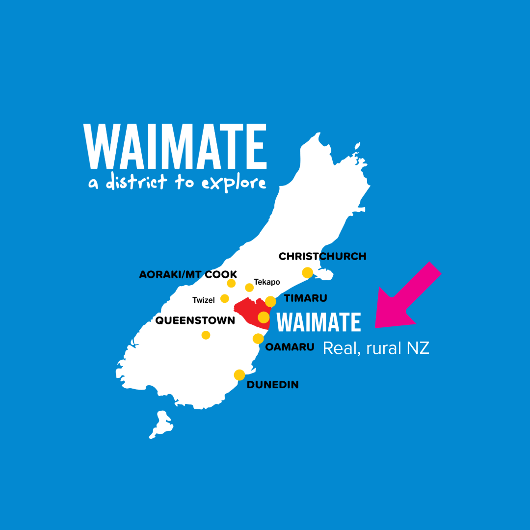 Map of New Zealand highlighting the Waimate district with the label 'Real, rural NZ' and surrounding towns such as Christchurch, Timaru, Oamaru, Dunedin, Queenstown, Aoraki/Mt Cook, Twizel, Tekapo, and Cook.