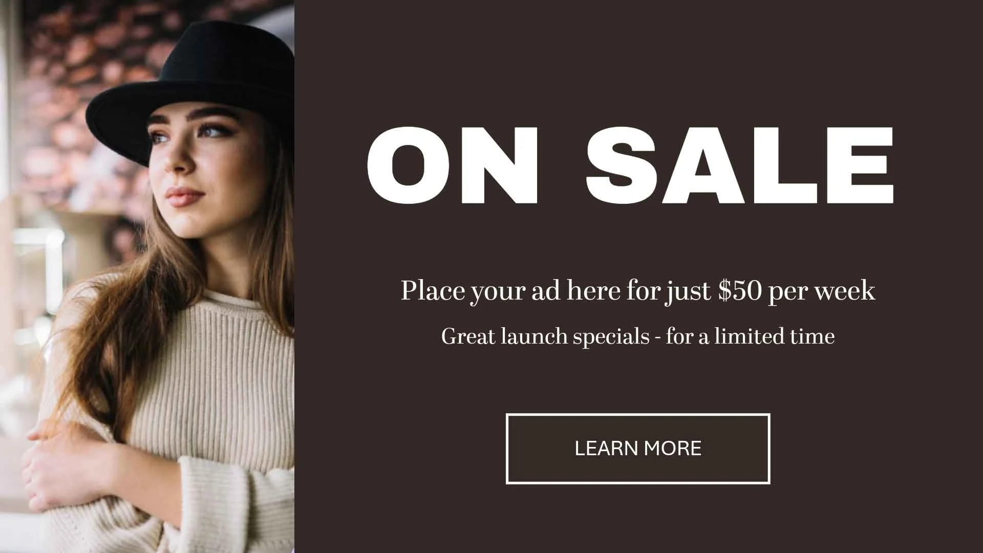 A District Life advertisement for sale items featuring a woman wearing a black hat and beige sweater, with sale details and a call-to-action button.