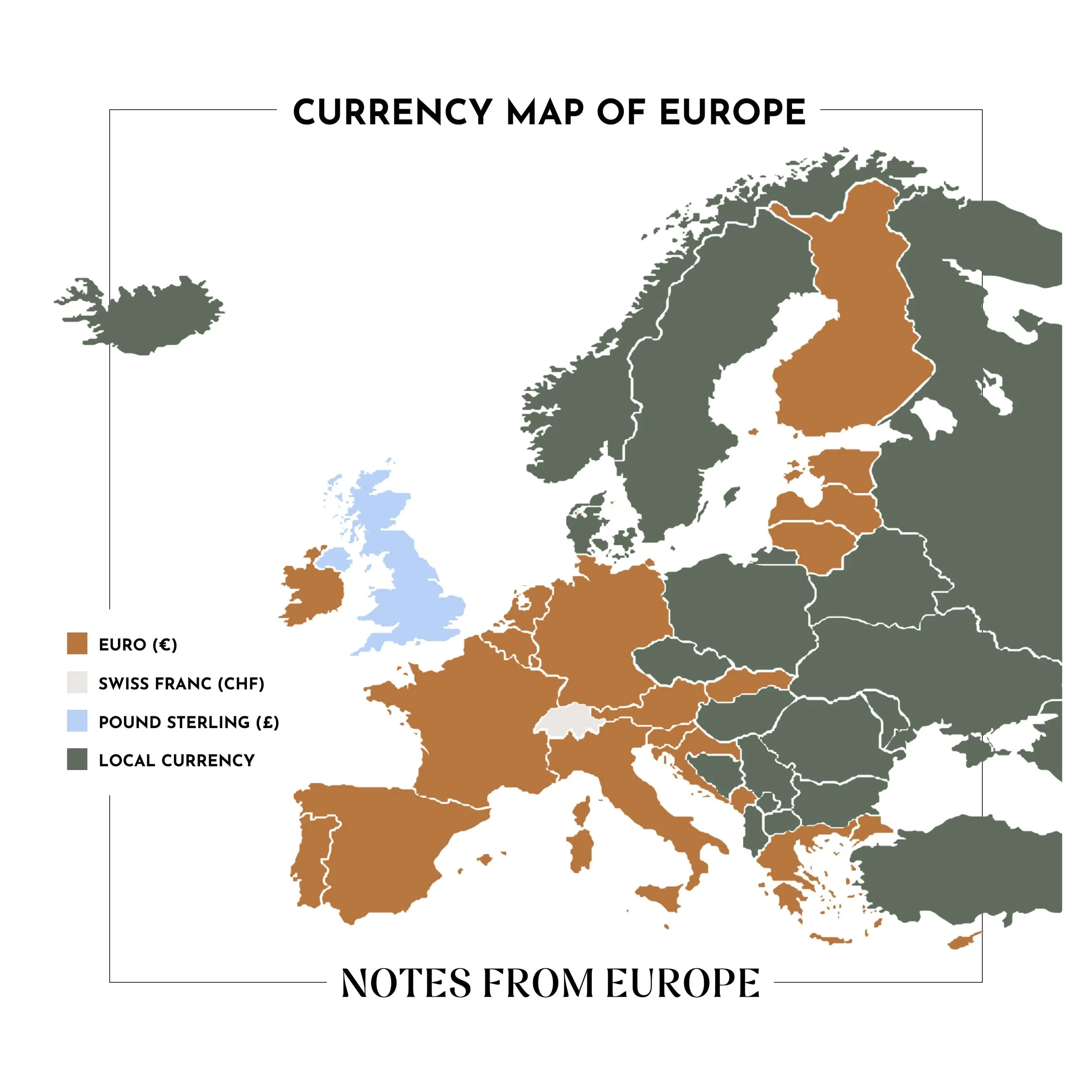 A map of the different currencies used across Europe.