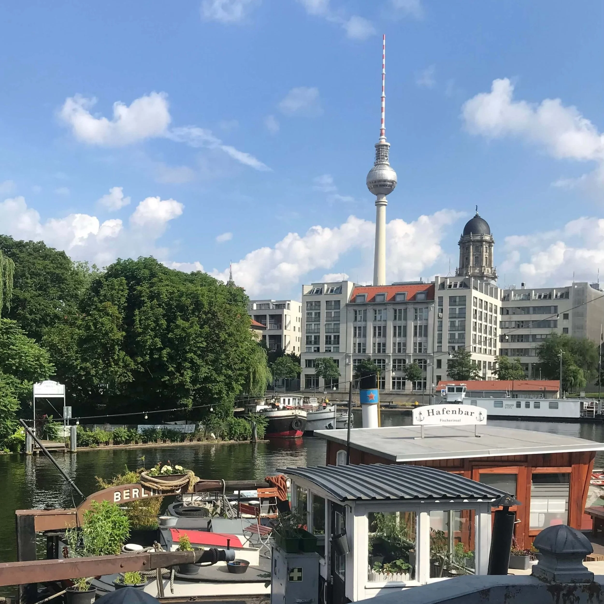A view of Berlin's iconic TV Tower from along the Spree.