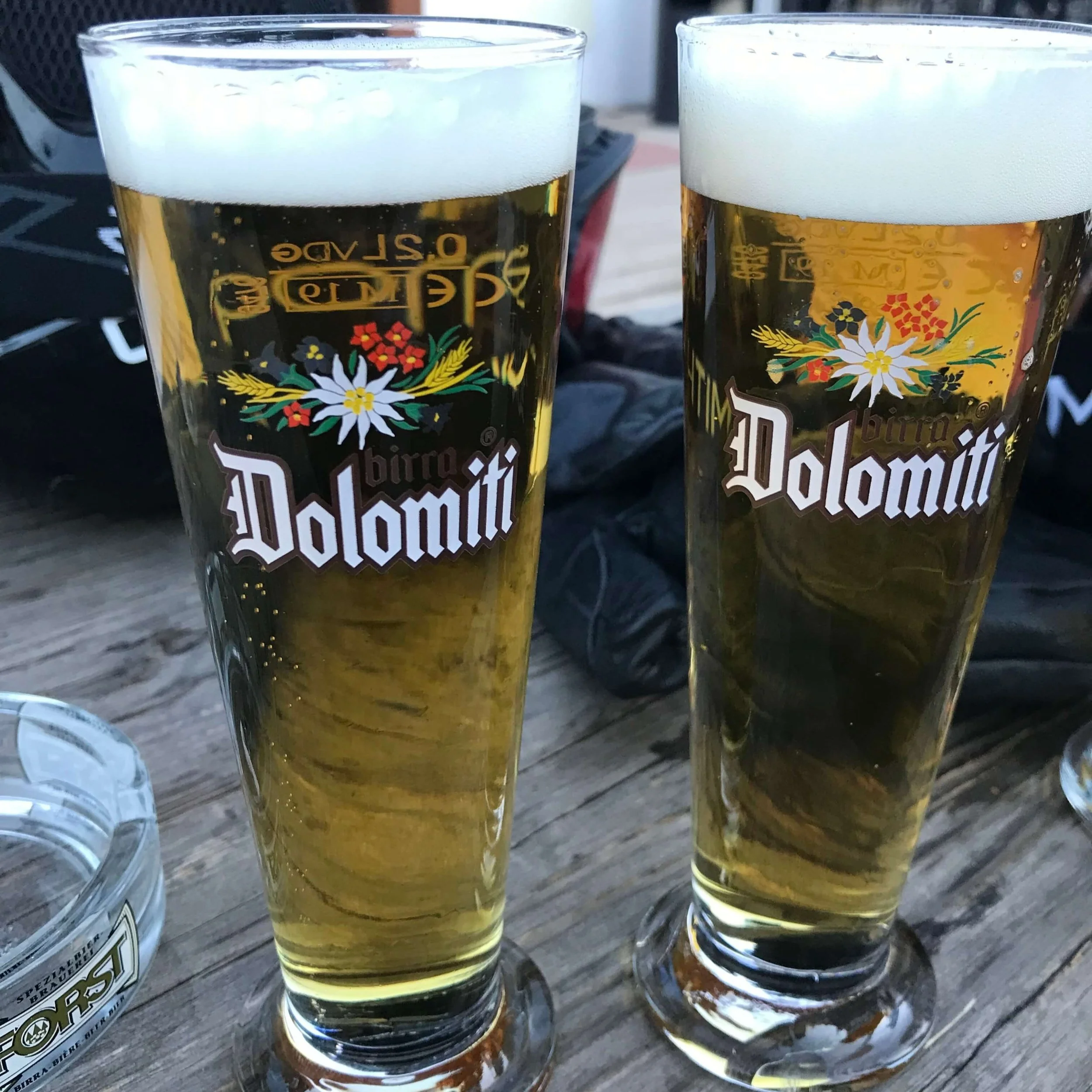Two glasses of Dolomiti beer at après ski.