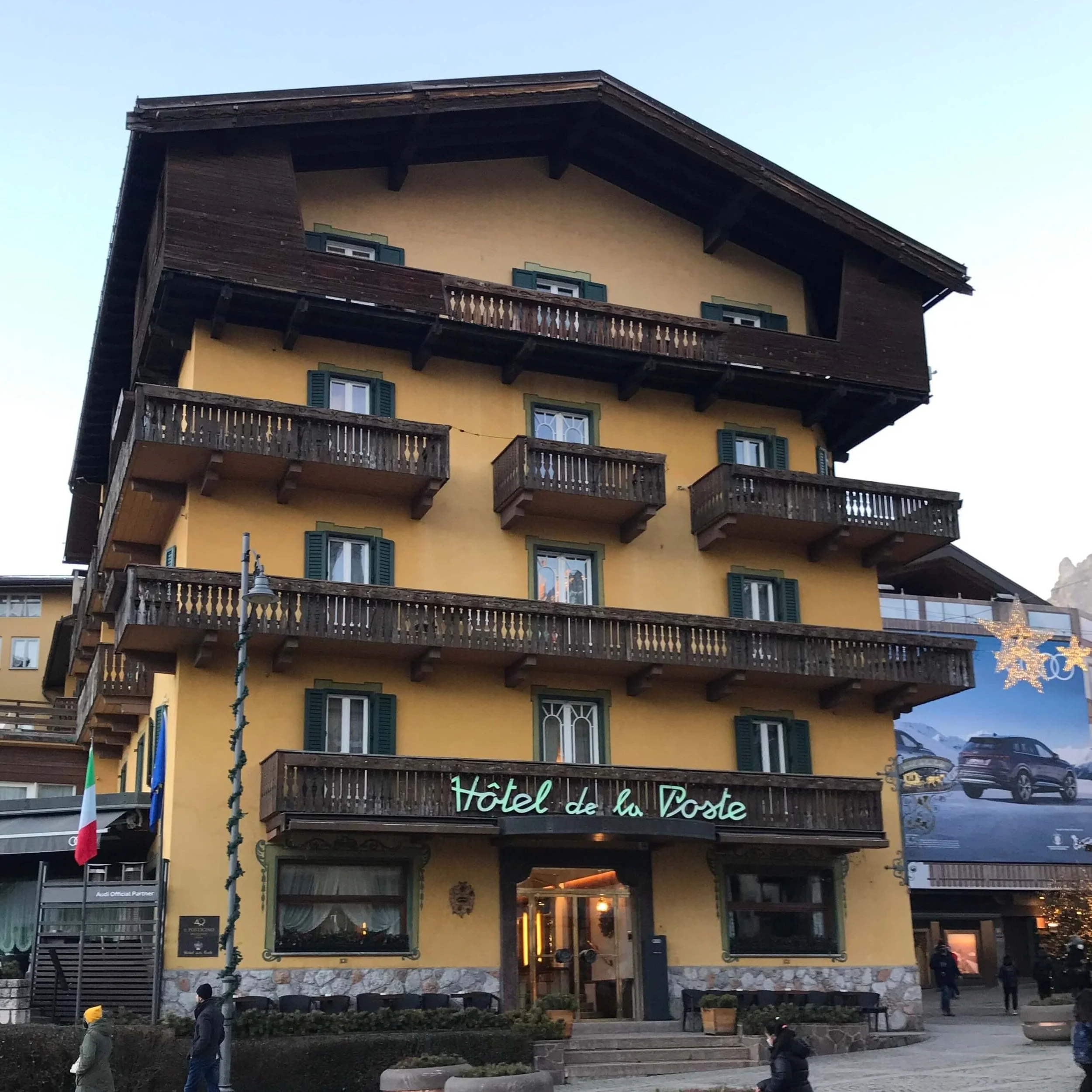 The exterior of Hotel de La Poste in Cortina d'Ampezzo.