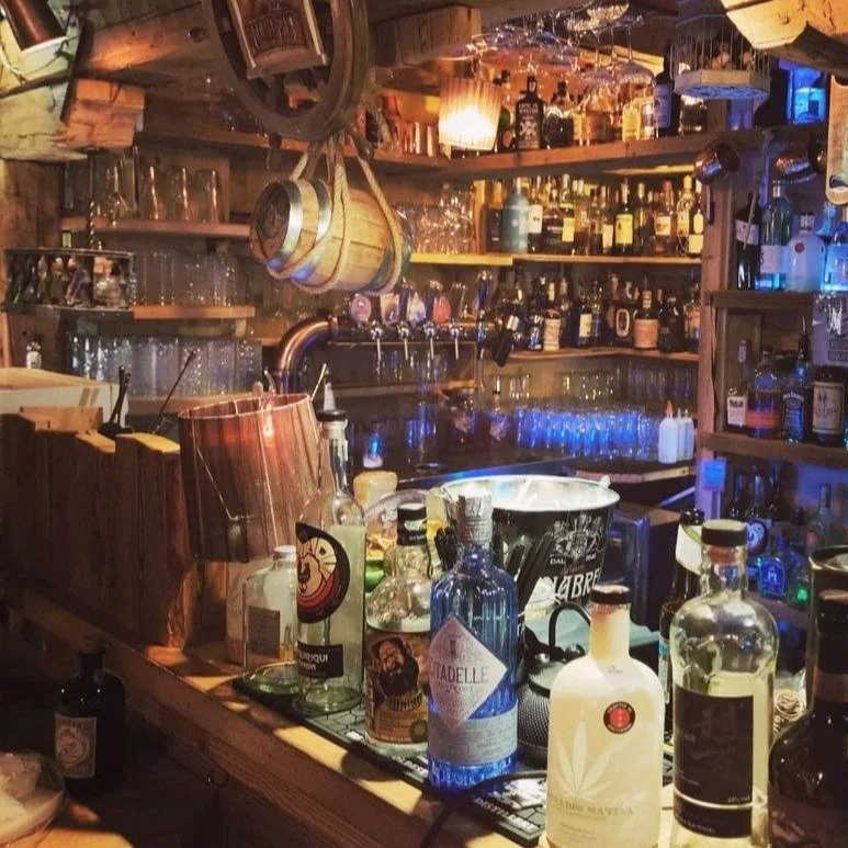 Bottles behind the bar of Molo Pub in Cortina d'Ampezzo.