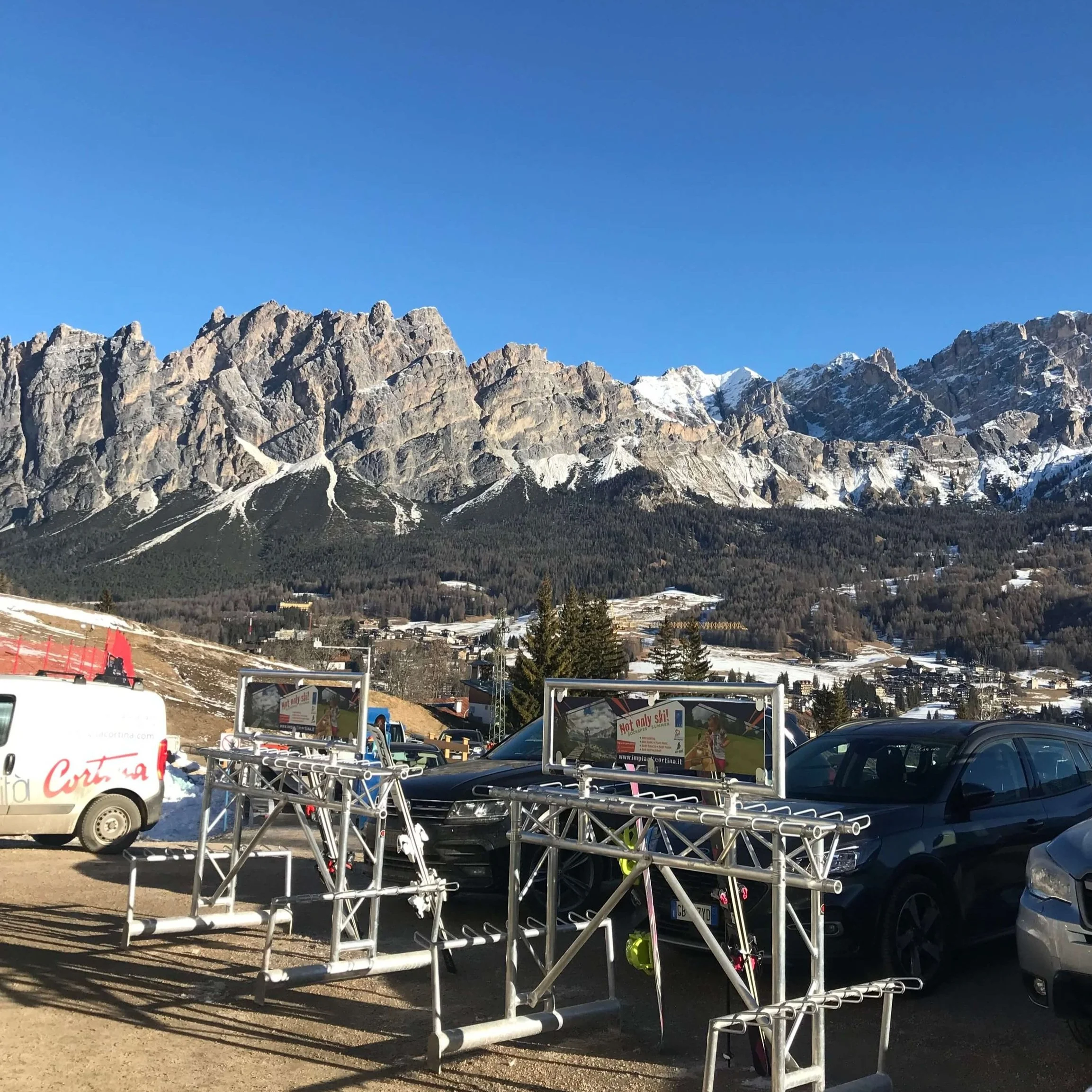 The Dolomites, viewed from the Socrepes ski area parking lot.