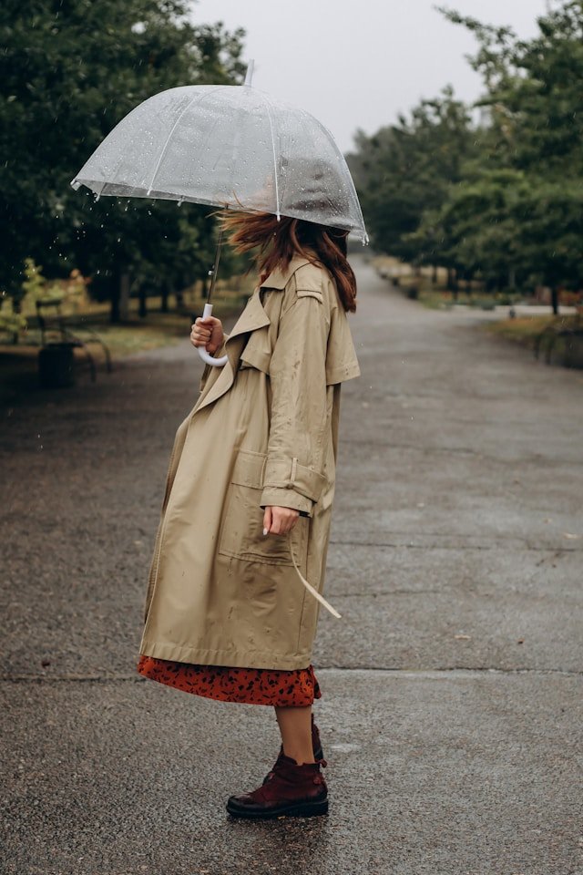 A woman stands in a park holding an umbrella.