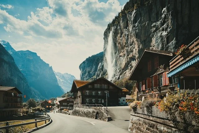 A waterfall in Lauterbrunnen, Switzerland.