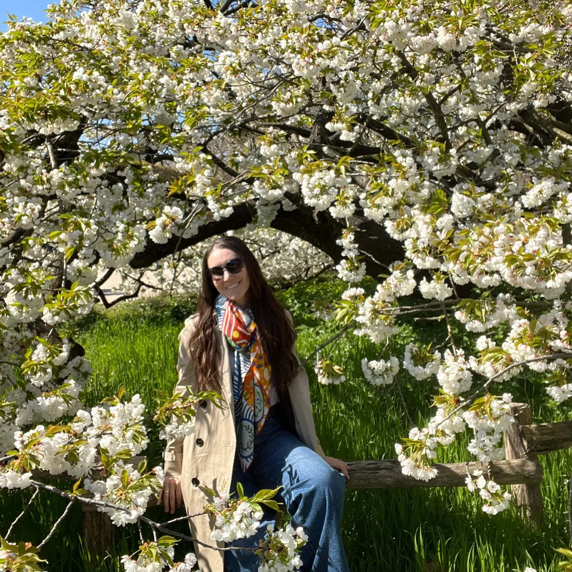 The author poses in front of a white cherry blossom tree in Paris's Jardin des Plantes.