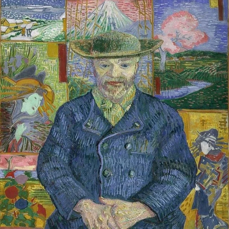 A close up of van Gogh's Portrait of Père Tanguy, which was heavily influenced by Japanese artwork and styles.
