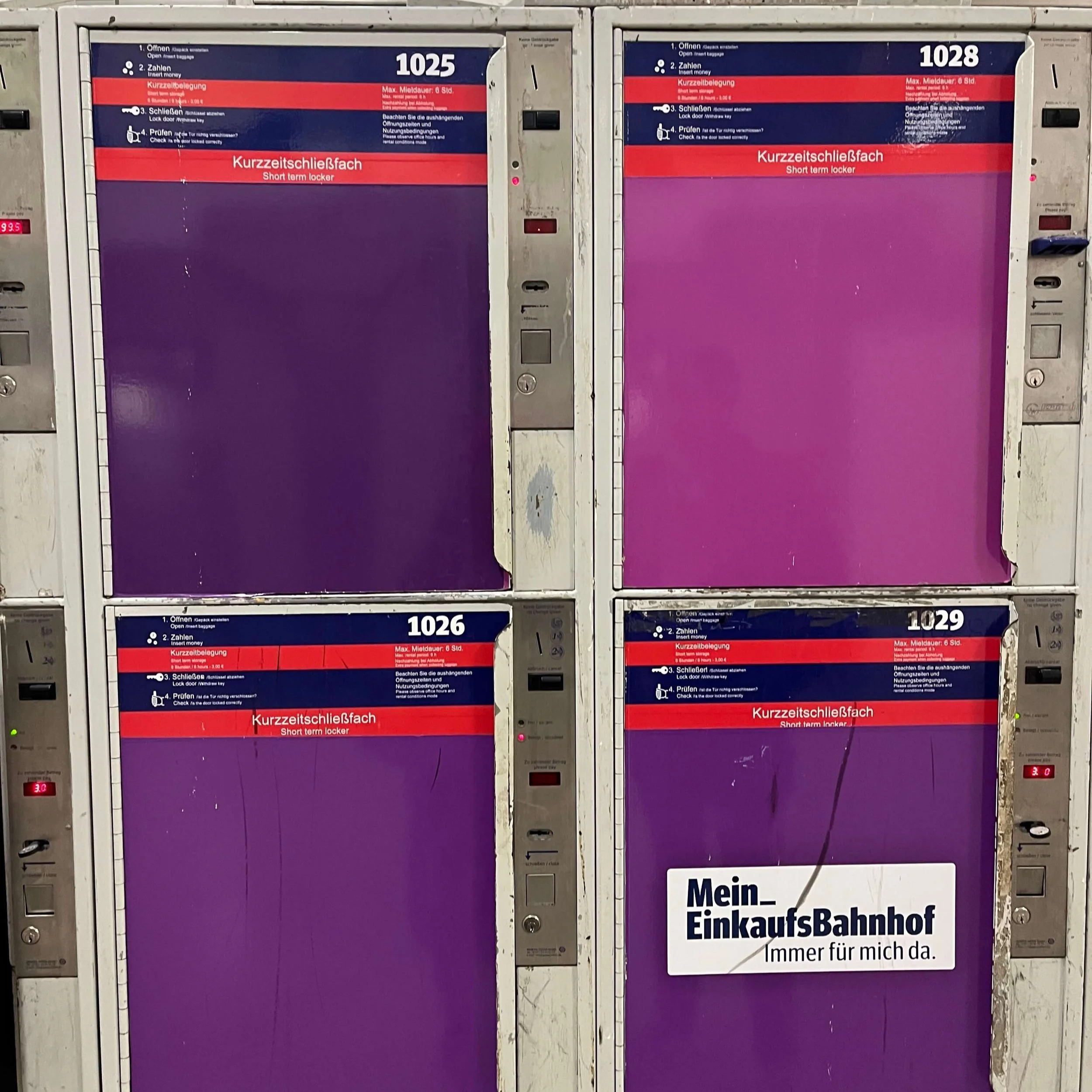 A close up of train station luggage lockers at Munich Hauptbahnhof.