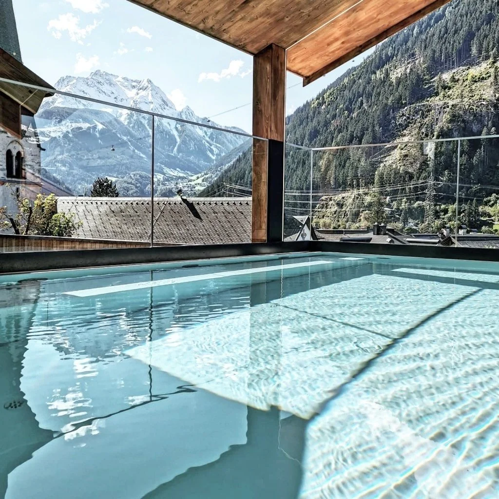 The rooftop pool of Alpenhotel Kramerwirt in Mayrhofen, Austria.