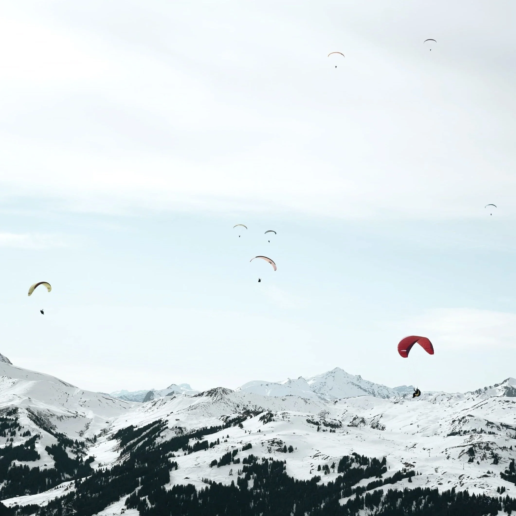 A group of paragliders soar through the ski above the mountains of Mayrhofen, Austria.