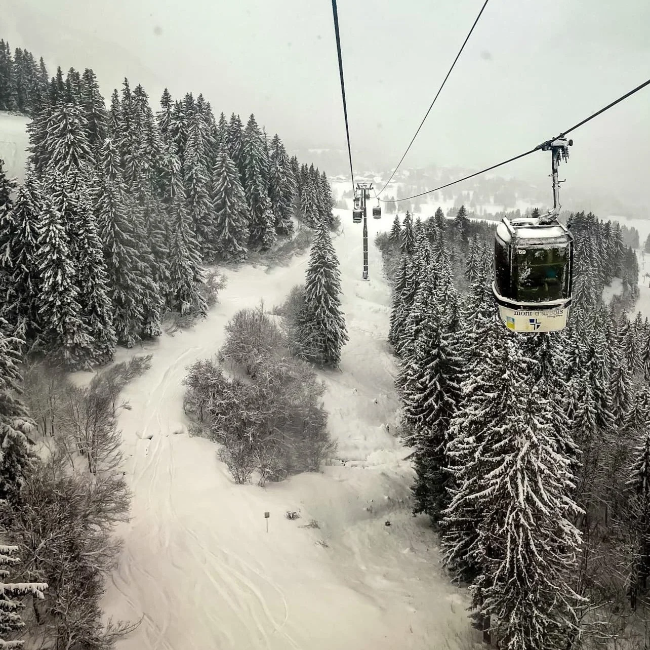 A view of the ski slopes from the Mont d'Arbois cable car.