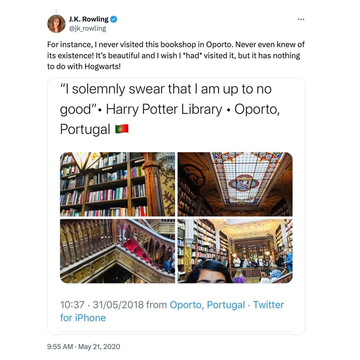 A tweet from author J.K. Rowling insisting that the connection between her Harry Potter books and Livraria Lello is fiction.