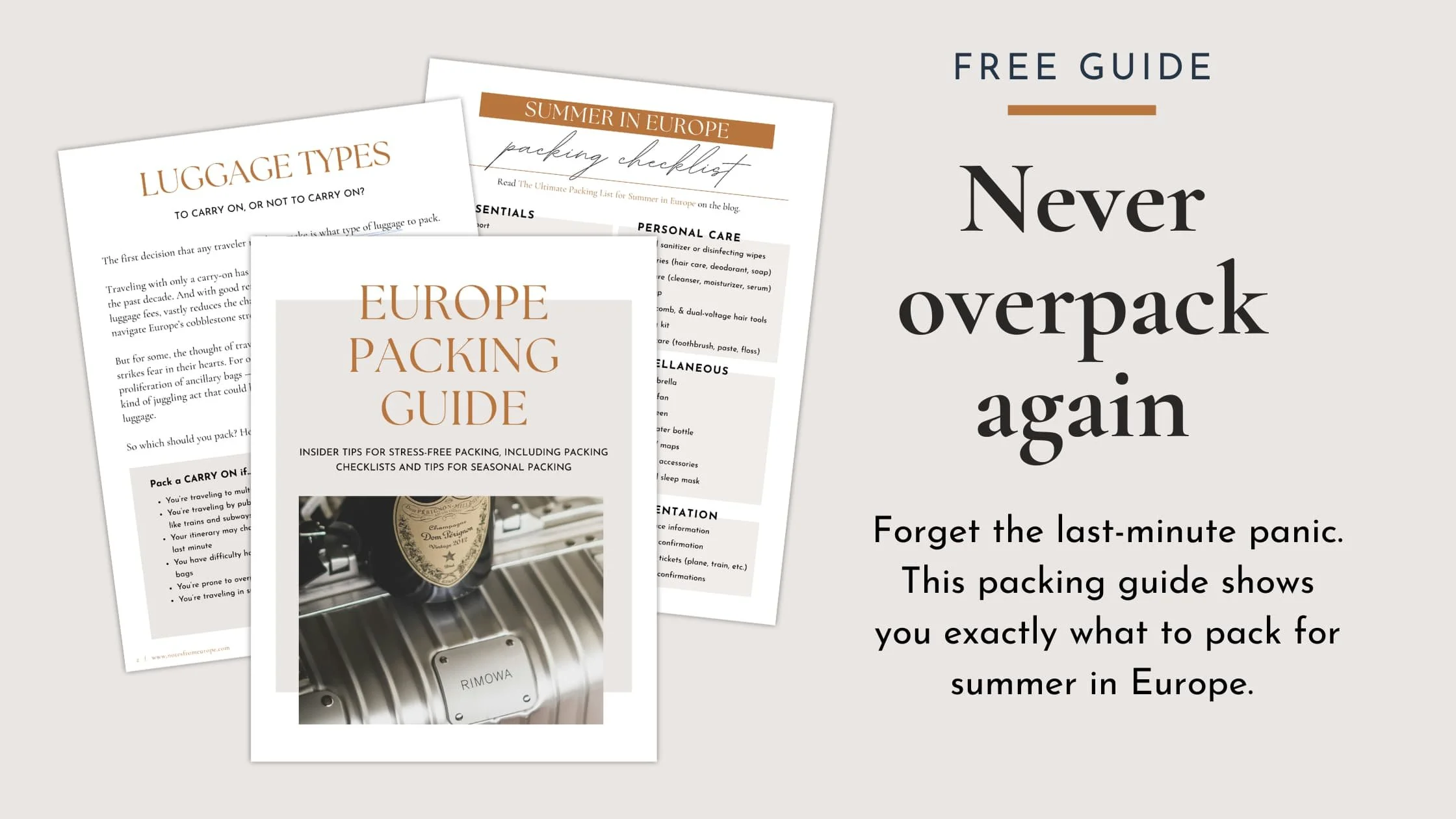 Free Europe Packing Guide — a downloadable guide with packing checklists and seasonal packing tips for travel to Europe.