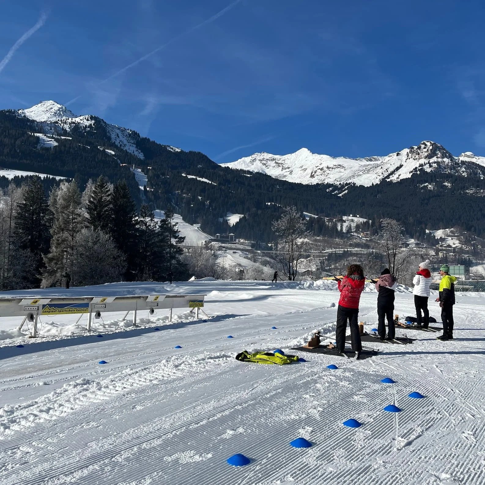 A laser shooting range allows skiers to practice target shooting, the second half of biathlon.