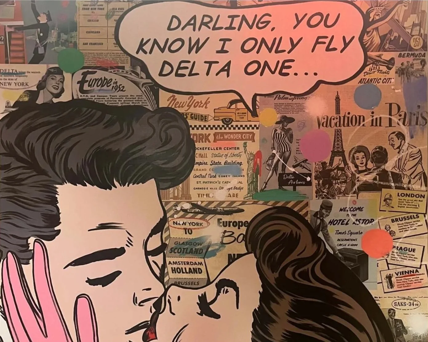 A cartoon poster in the Delta One lounge at JFK Airport, that reads "Darling, you know I only fly Delta One..."