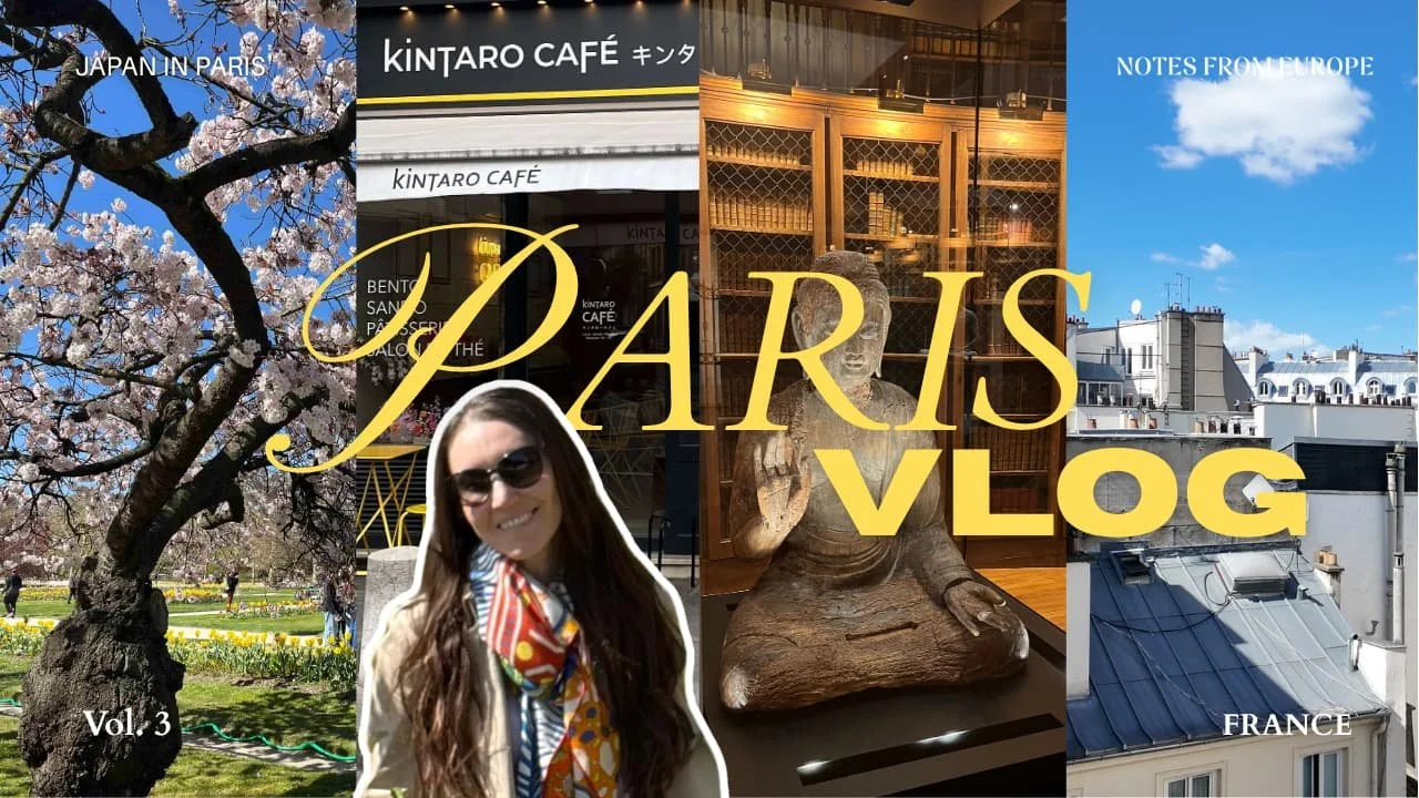 Youtube thumbnail showing cherry blossom tree, Japanese café, a Buddha statue, and Paris rooftops.