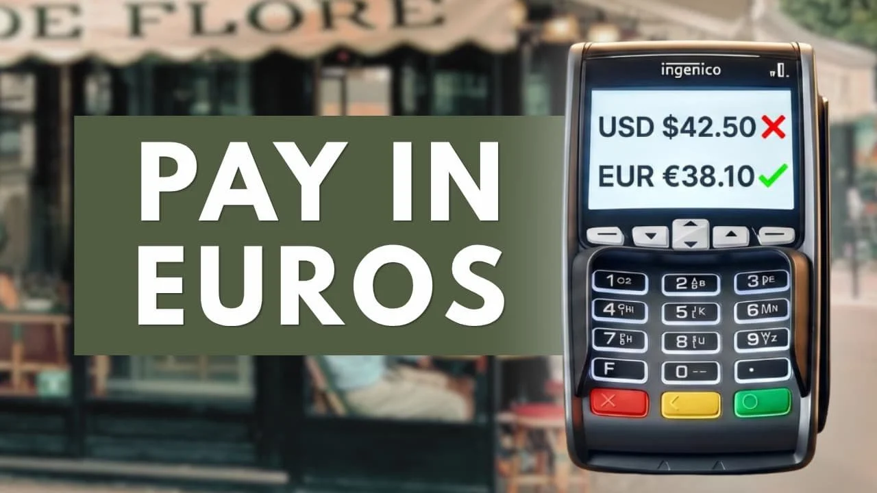 Youtube thumbnail with a credit card terminal showing both USD and EUR price, and text reading "Pay in Euros".