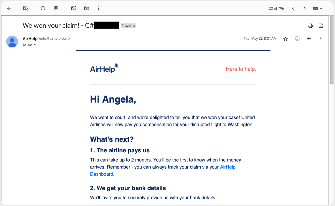 A screenshot showing that my claim was won.