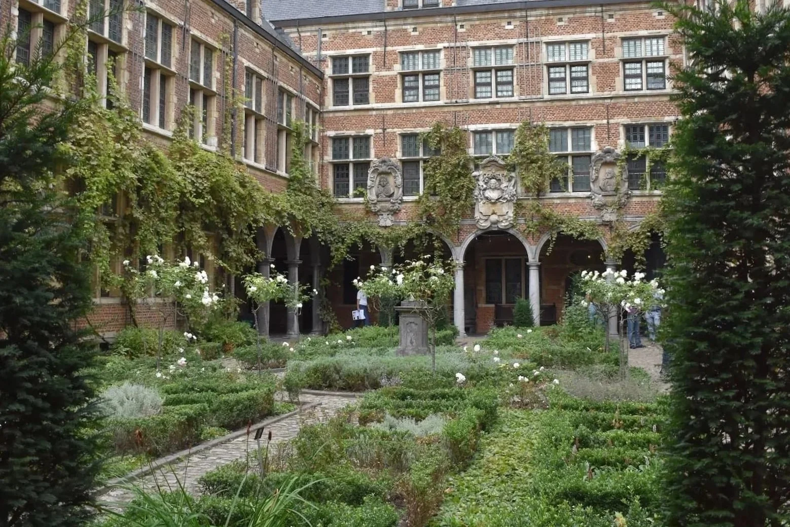 The interior courtyard garden at the Plantin-Moretus Museum in Antwerp.