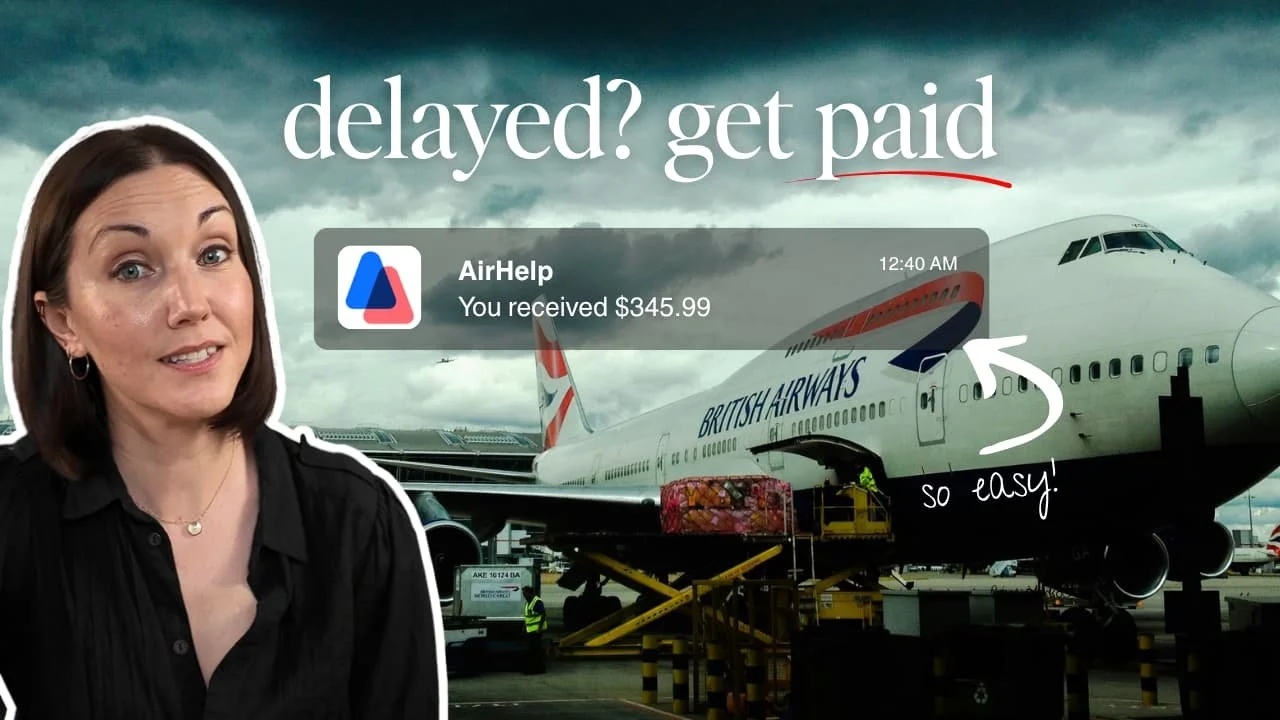 Youtube thumbnail reading "Delayed? Get paid." with a grey sky over a plane in the background.