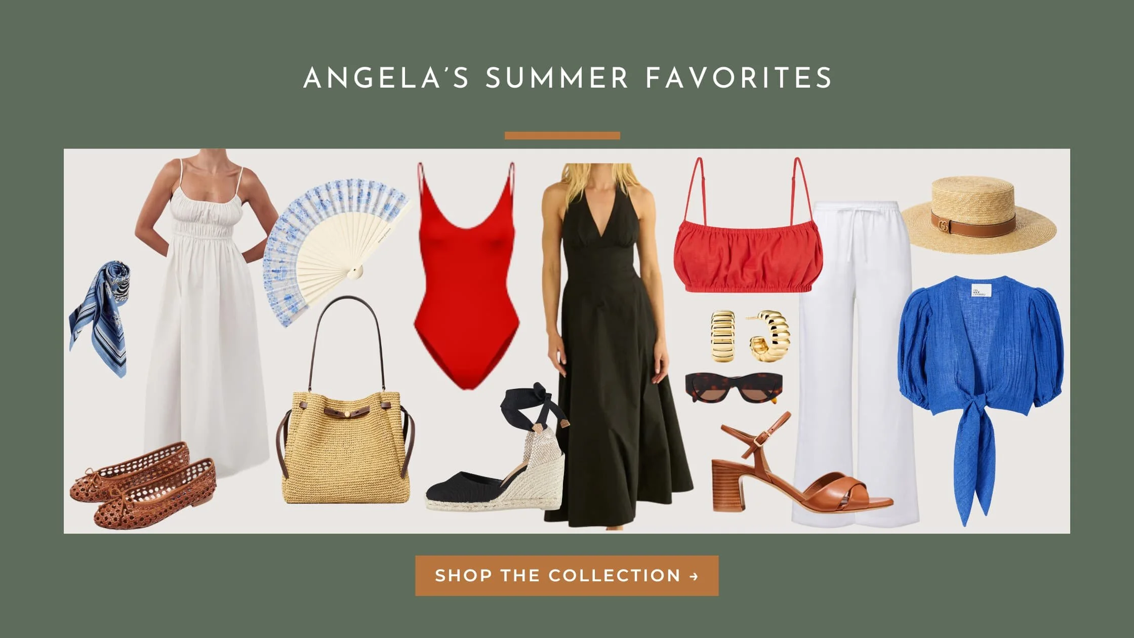 Angela's summer favorites — a curated collection of Europe summer packing essentials including linen dresses, espadrilles, straw hats, swimsuits, sandals, and accessories.