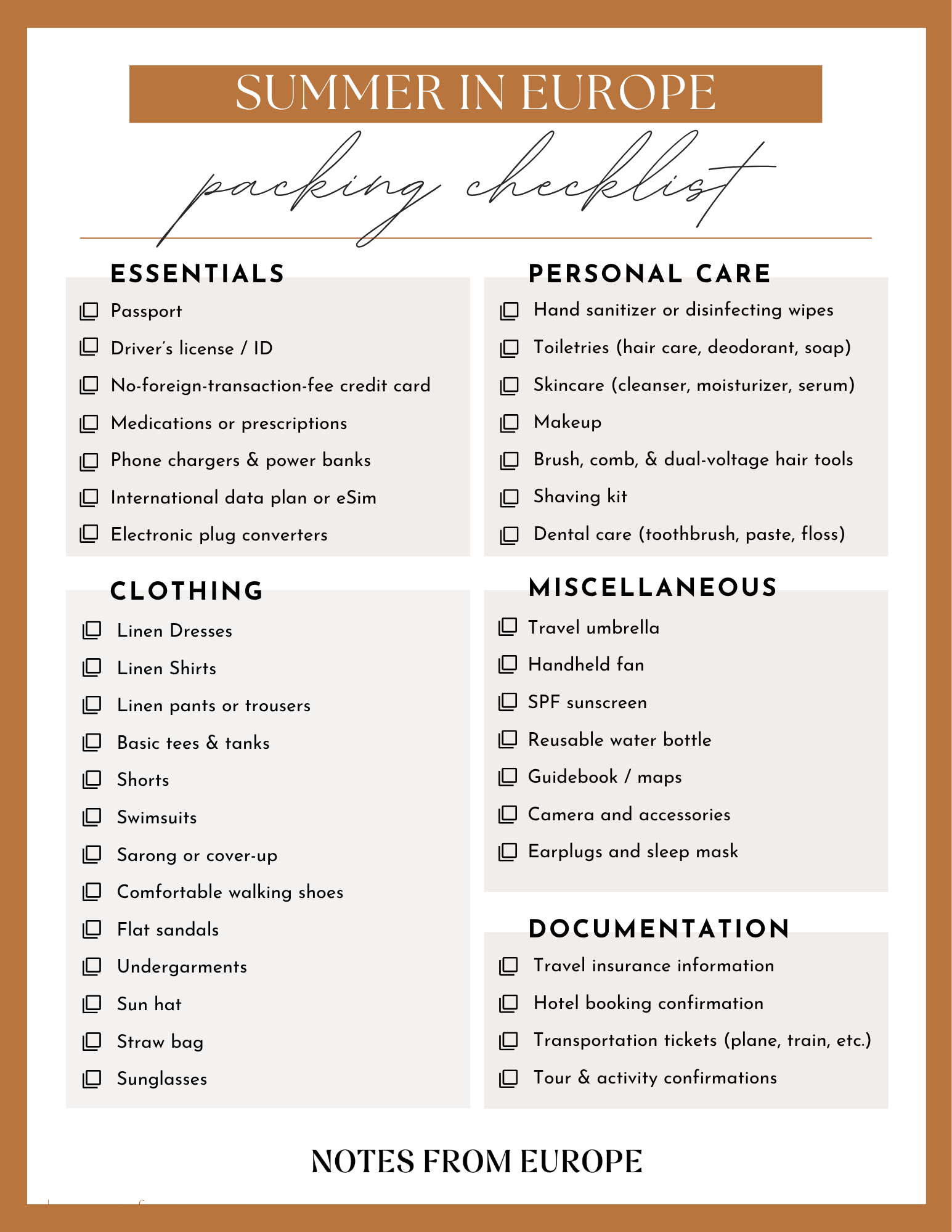 Summer in Europe packing checklist, including international essentials, clothing, personal care items, documentation, and miscellaneous items.