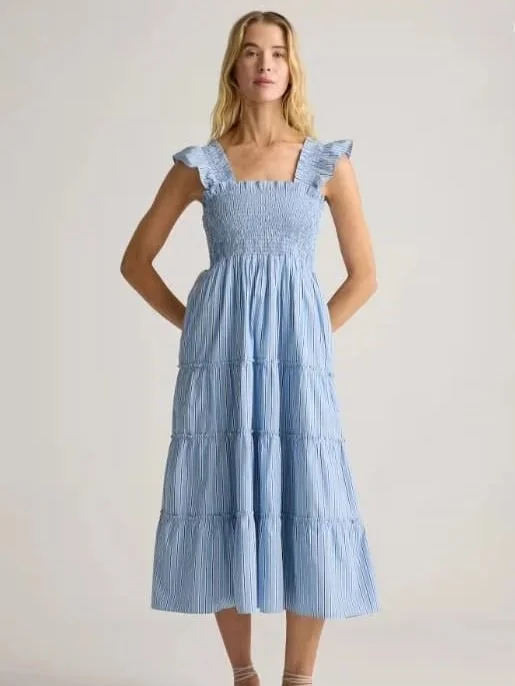 Quince's Smocked Midi Dress, made of 100% organic cotton poplin.