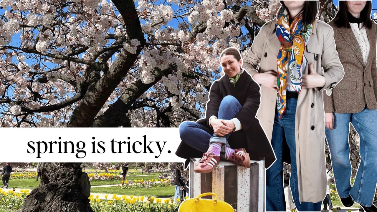 Youtube thumbnail, with the author sits in front of a background of spring cherry trees, with the text "spring is tricky." over the thumbnail.