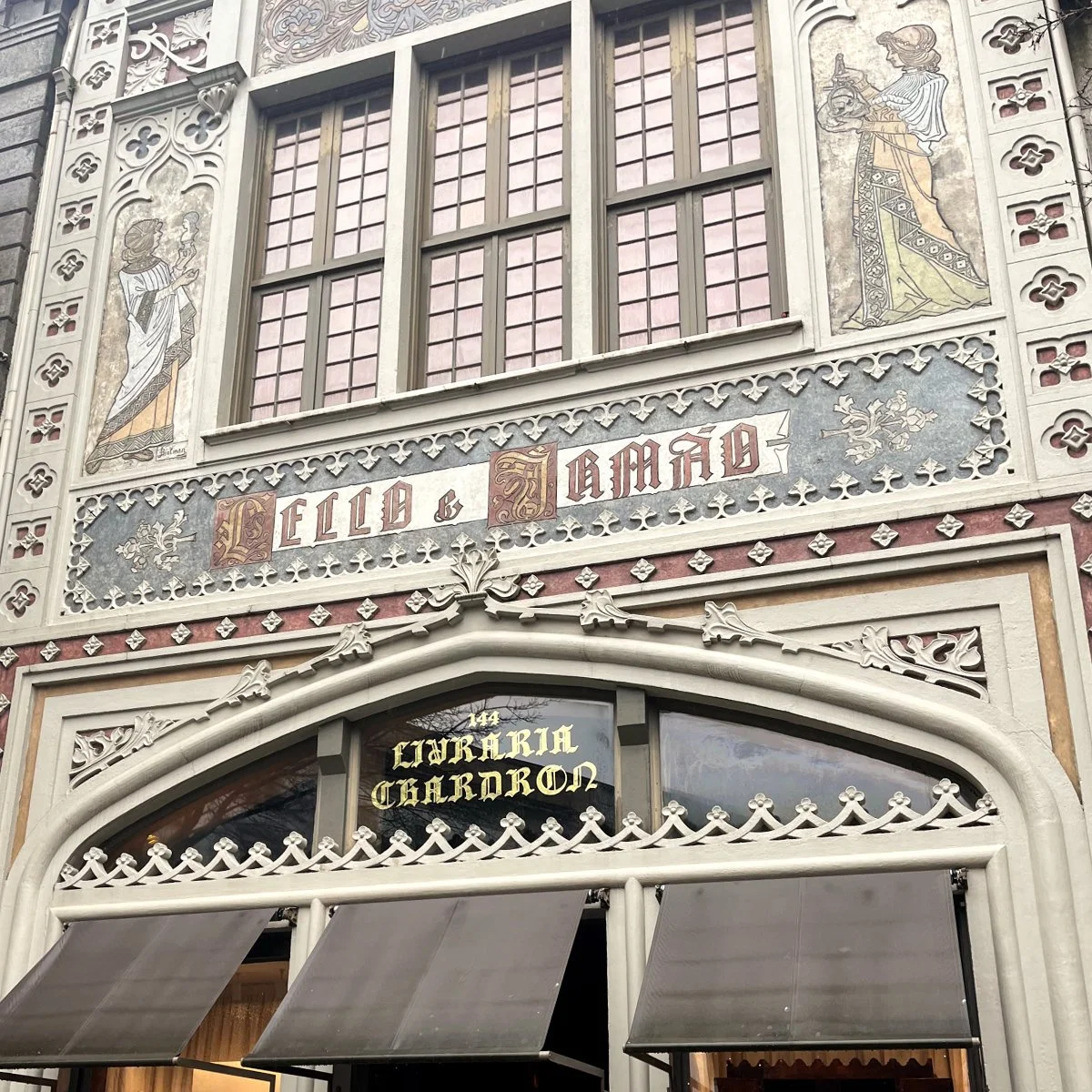 Details on the exterior of Livraria Lello in Porto, Portugal.