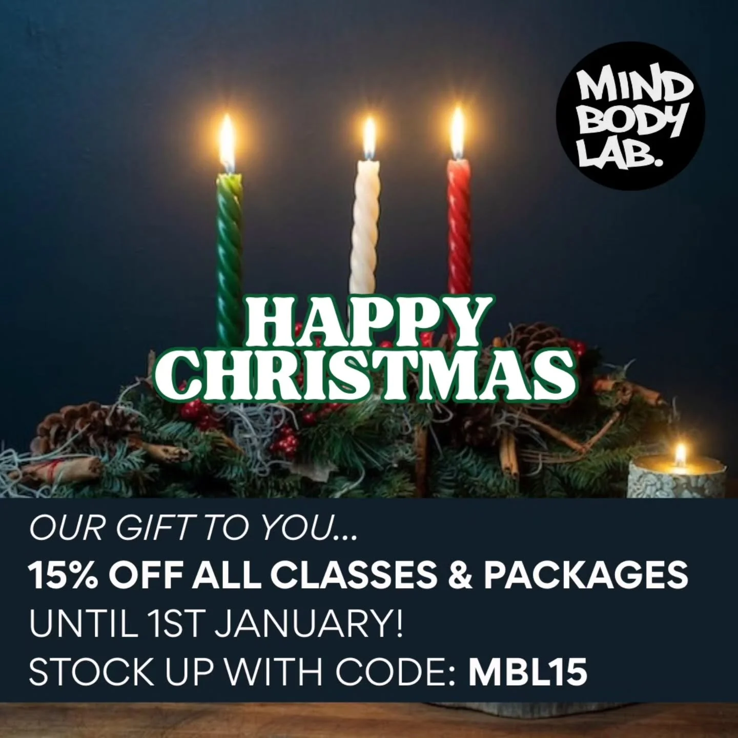 Happy Christmas to you all! 🎄 

As our Christmas gift to you, enjoy 15% off all classes and class packages with code MBL15.

There's no limit to purchases, so stock up on class credits and start 2026 with your self-care in mind. ✨️ 

Offer closes at