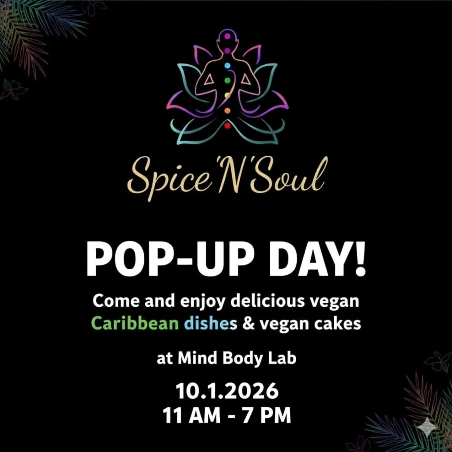 Our first vegan pop-up restaurant at Mind Body Lab this month... Spice N Soul!

Kat will be taking over the kitchen and cooking up some soul food for you from 11am-7pm on Saturday 10th January. Expect her usual curries, stews and delicious cakes.

Yo