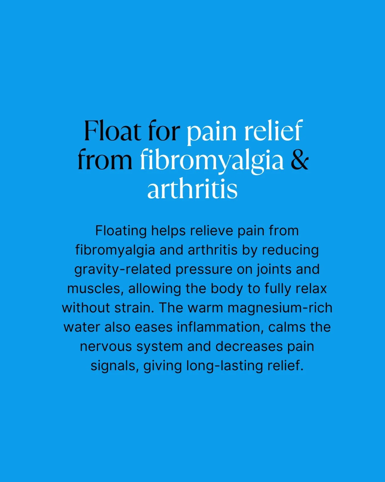 Do you or anyone you know suffer with fibromyalgia or other chronic pain disorders? 

Floating in our sensory deprivation pod can help calm the nervous system and decrease pain signals, giving long-lasting relief.

Book a float today and see whether 
