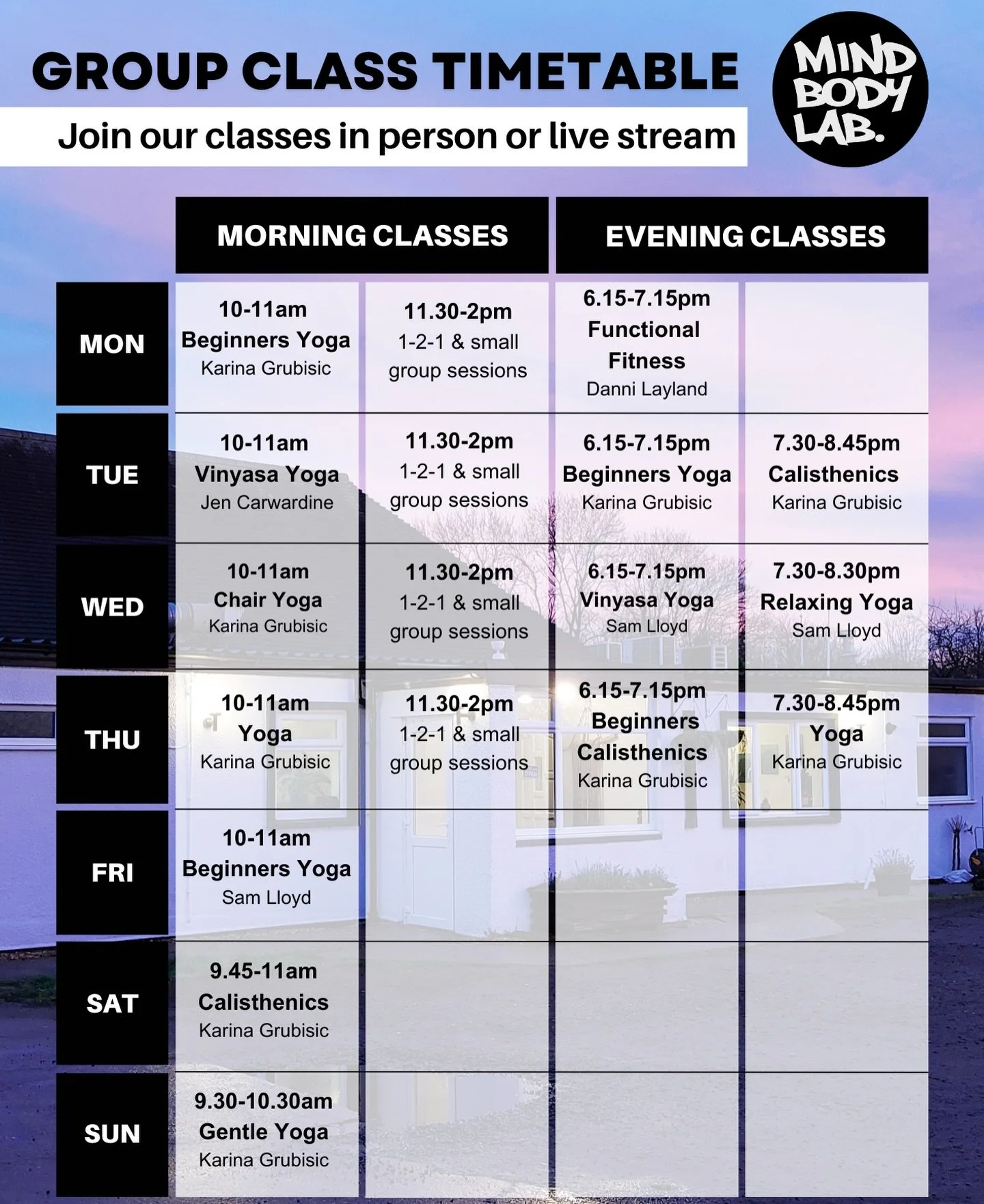 Your body is made to move! 

Here&rsquo;s our timetable with the new Functional Fitness class added to Monday evenings at 6.15pm. 

This class is ideal for anyone wanting to move with more ease. Tight hips and lower back? Feeling a bit weak? Danni wi