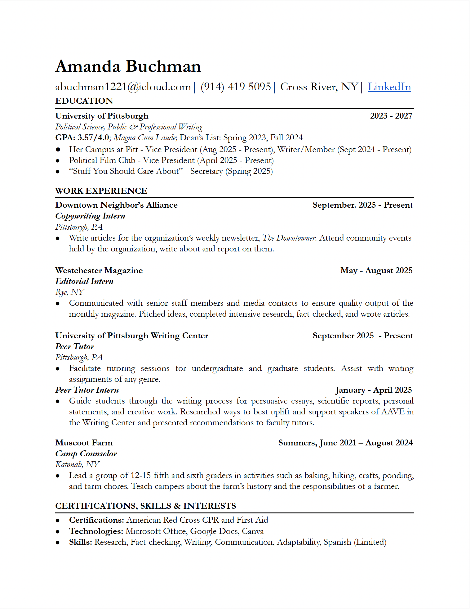 A resume for Amanda Buchman including contact information, education, work experience, and skills