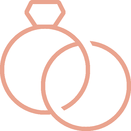 Zeichnung von zwei Eheringen, eines mit einem Diamanten, in rosa Farbe.