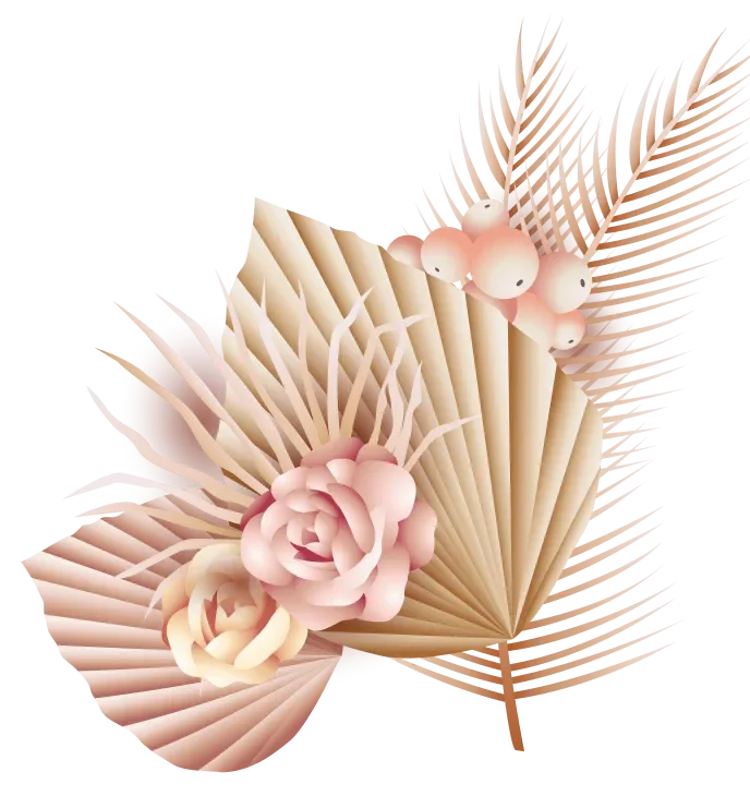Abstrakte sommerliche Pflanzen- und Blumenarrangement in zarten Pastelltönen, bestehend aus Papier- und Palmblättern.