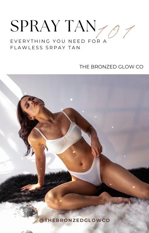 A woman with a spray tan in white underwear sitting on a black and white furry rug, with sunlight creating shadows on her body, promoting spray tan products.