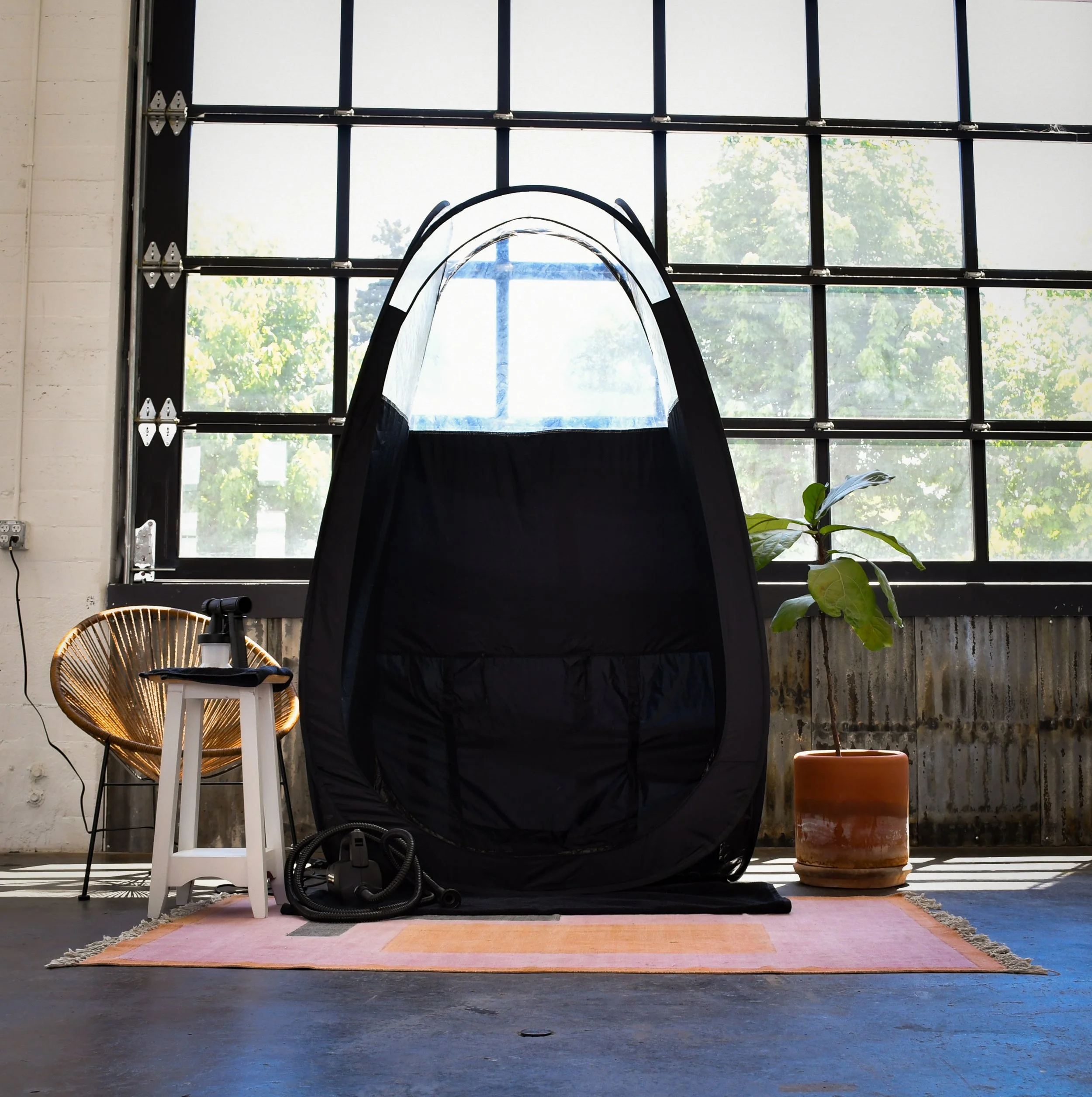 Black indoor spray tan tent set up on a pink and orange rug, with a potted plant, a white stool, a fan, and a spray tan machine nearby, in front of large industrial-style window with green trees outside.
