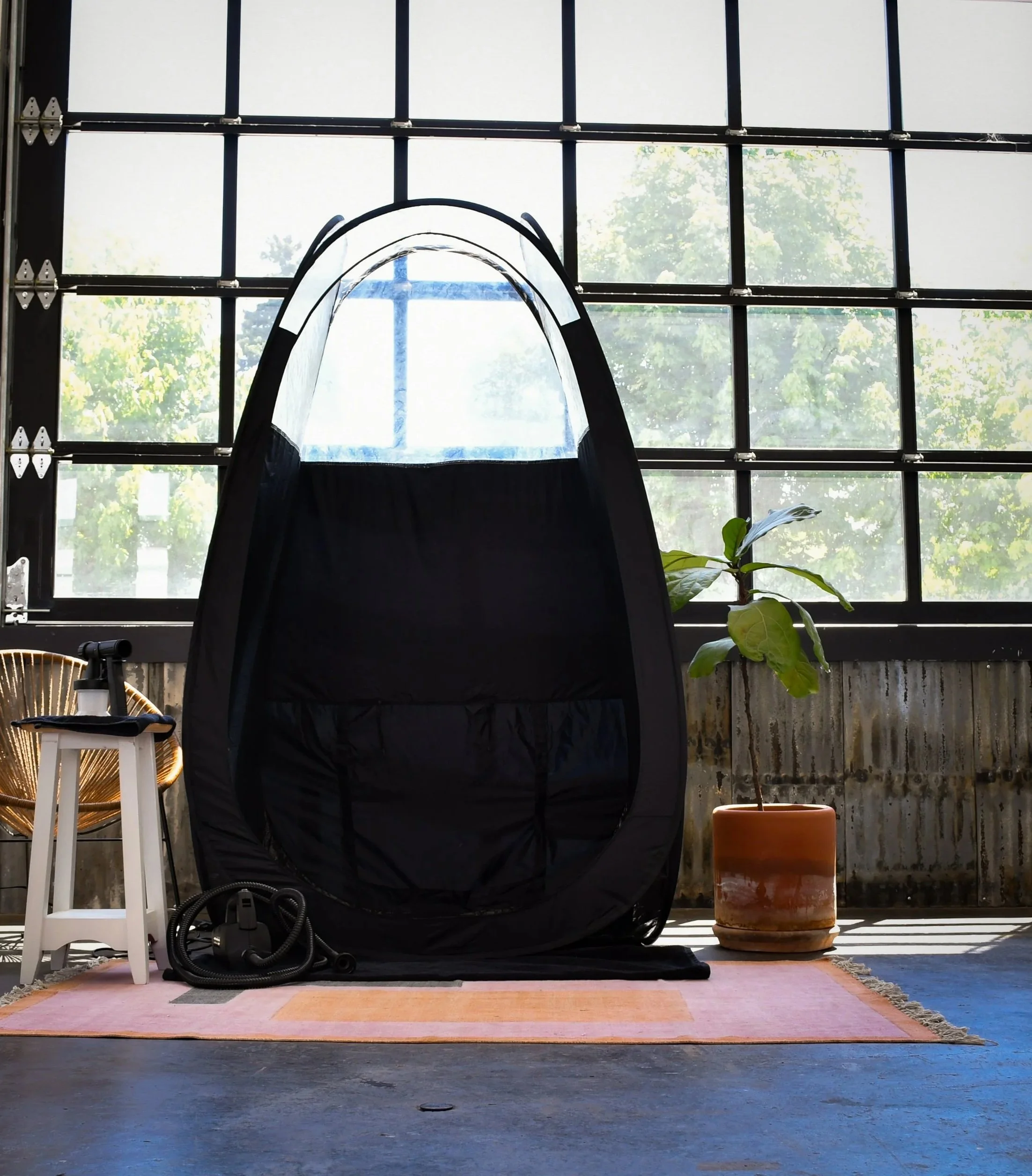 Black indoor spray tan tent set up on a pink and orange rug, with a potted plant, a white stool, a fan, and a spray tan machine nearby, in front of large industrial-style window with green trees outside.