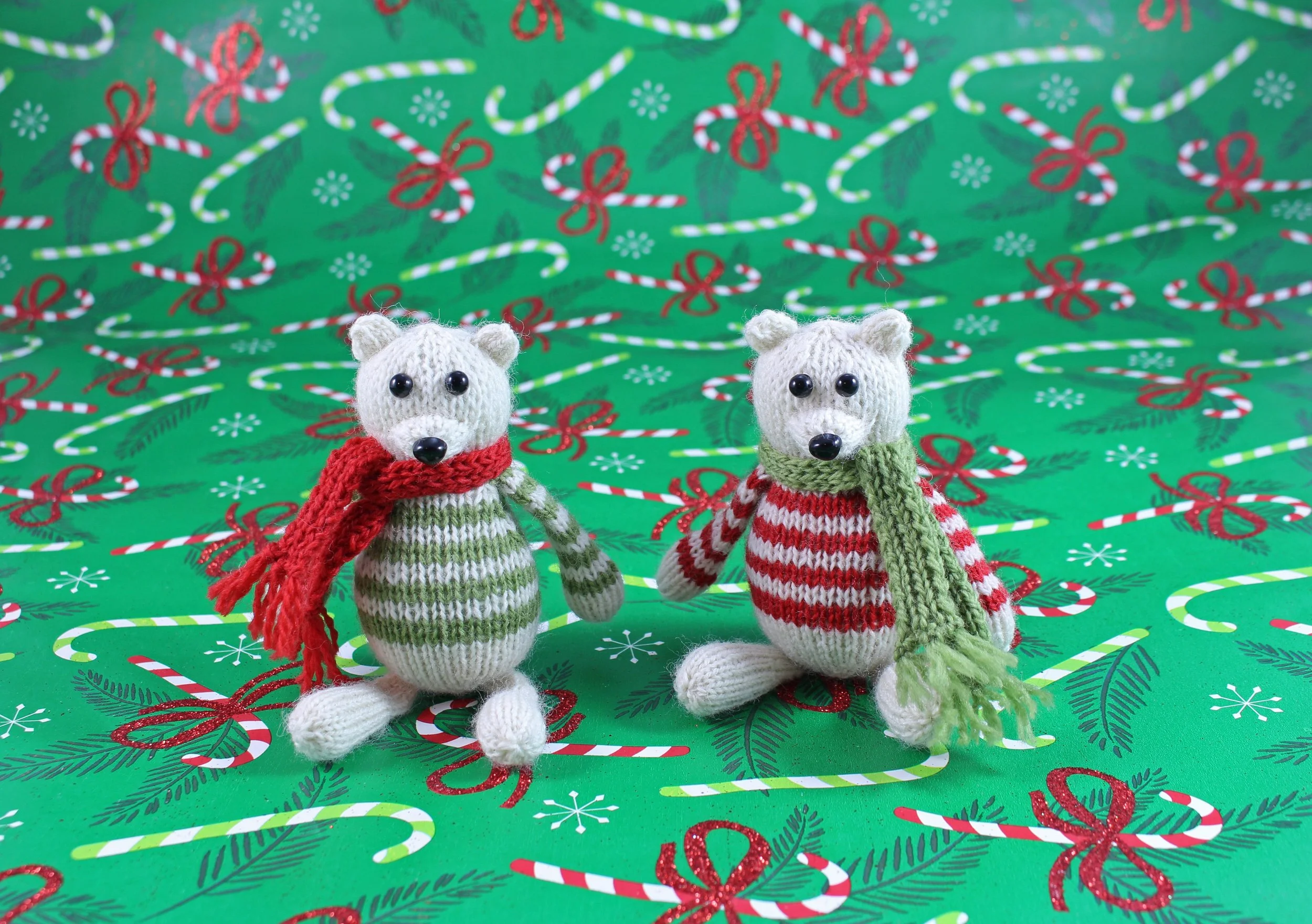WickedlyPeacefulPolarBearKnittedChristmasOrnamentOnGreenWrappingPaper.jpg